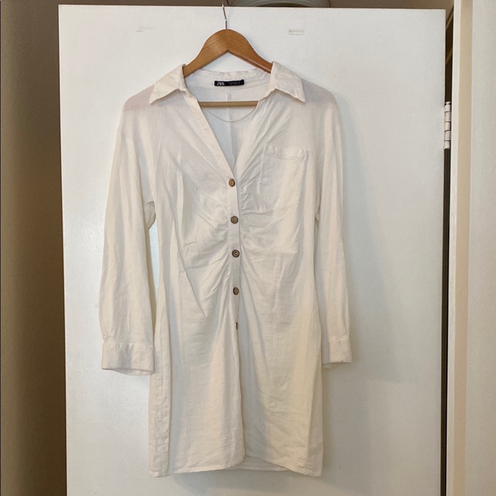 Zara White Ruched Shirt Dress